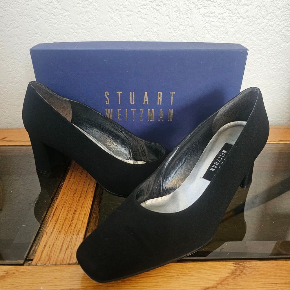 Stuart Weitzman vintage black fabric square toe block heel pumps size 10 B box